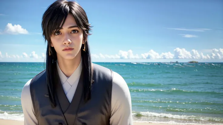 a young man with long black hair and a vest on standing in front of the ocean with a blue sky, (1girl:0.955), (bangs:0.575), (black eyes:0.572), (black hair:0.709), (blue sky:0.985), (closed mouth:0.536), (cloud:0.927), (day:0.980), (horizon:0.816), (japanese clothes:0.511), (lips:0.764), (long hair:0.775), (looking at viewer:0.811), (nose:0.534), (ocean:0.950), (outdoors:0.734), (realistic:0.814), (sky:0.988), (solo:0.937), (upper body:0.557), (water:0.600)