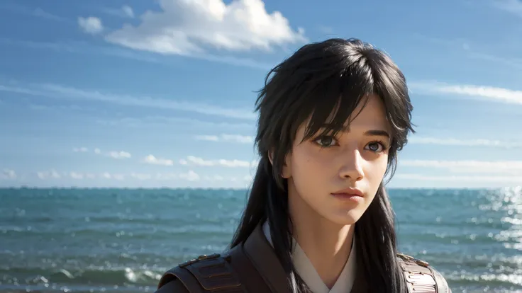 a young man with long black hair and a vest on standing in front of the ocean with a blue sky, (1girl:0.955), (bangs:0.575), (black eyes:0.572), (black hair:0.709), (blue sky:0.985), (closed mouth:0.536), (cloud:0.927), (day:0.980), (horizon:0.816), (japanese clothes:0.511), (lips:0.764), (long hair:0.775), (looking at viewer:0.811), (nose:0.534), (ocean:0.950), (outdoors:0.734), (realistic:0.814), (sky:0.988), (solo:0.937), (upper body:0.557), (water:0.600)