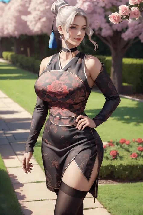 photo of talaris, a beautiful woman, silver hair, hair ornament, single hair bun, hair stick, sidelocks, clothing cutout, in a (rose garden:1.2), wearing a (chinese clothes:1.2, stockings), (evil smiling), (cowboy shot, 8k, RAW photo, best quality, depth of field, ultra high res:1.2), (absurdres, intricate, photorealistic, masterpiece, ultra-detailed:1.3),
<lora:sxz-niji-v2:0.2>, nijistyle, <lora:dramaticgecko_talaris_v10:0.7>, hourglass body shape, earrings, choker, gigantic breasts, cleavage, abs, long legs, slim legs, high heels,