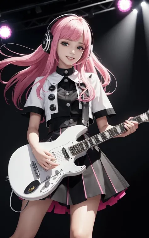 (masterpiece, best quality:1.4),(8k,raw photo, photo realistic:1.2), (HDR:1.3) BREAK
colorful, high contrast, 1girl, black skirt, black eyes, headphones, holding plectrum, pink long hair one side up, (playing white electric guitar:1.2), pleated black skirt, music room, dynamic angle, beautiful detailed glow, full body, smile