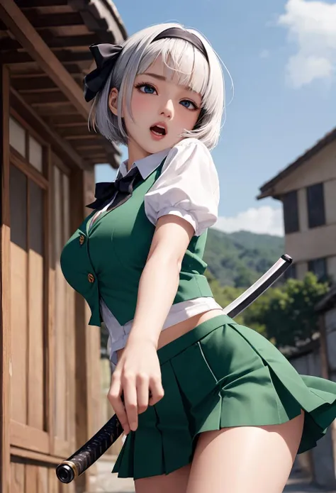 (Youmu Konpaku), 1girl, bangs black bow, black bowtie, black hairband, (black ribbon), blue eyes , blush, bob cut, collared shirt, green vest, green skirt, grey hair, large breasts, looking at viewer,  open mouth, parted lips, puffy short sleeves, puffy sleeves, short hair, short sleeves, (cowboy shot), white shirt, photo realistic, dynamic pose, cinematic angle, katana