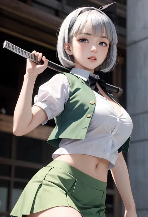 (Youmu Konpaku:1.2), 1girl, bangs black bow, black bowtie, black hairband, (black ribbon), blue eyes , blush, bob cut, collared shirt, green vest, green skirt, grey hair, large breasts, looking at viewer, puffy short sleeves, puffy sleeves, short hair, short sleeves, white shirt, photo realistic, dynamic pose, cinematic angle, katana, (cowboy shot:1.3)