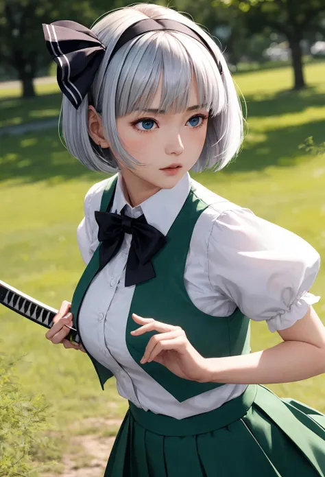 (Youmu Konpaku:1.2), 1girl, bangs black bow, black bowtie, black hairband, (black ribbon), blue eyes , blush, bob cut, collared shirt, green vest, green skirt, grey hair, large breasts, looking at viewer, puffy short sleeves, puffy sleeves, short hair, short sleeves, white shirt, photo realistic, dynamic pose, cinematic angle, katana, (cowboy shot:1.3)