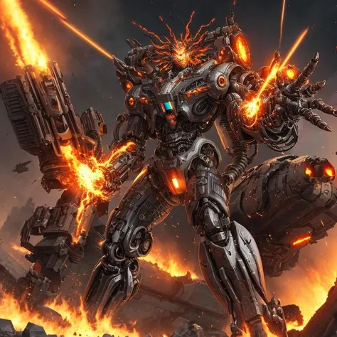 mechanical cyborg, battle, burning city, high mechanical detailed