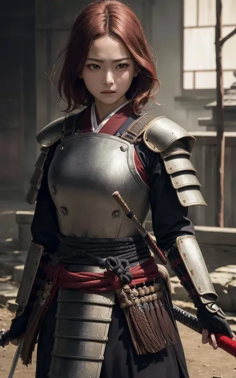 (masterpiece, best quality:1.4), (8k,raw photo, photo realistic:1.2), 1girl, japanese samurai, japanese armor, dark red hair, (dark brown eyes), in combat