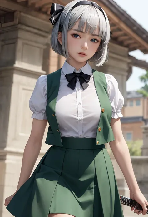 (Youmu Konpaku:1.2), 1girl, bangs black bow, black bowtie, black hairband, (black ribbon), blue eyes , blush, bob cut, collared shirt, green vest, green skirt, grey hair, large breasts, looking at viewer, puffy short sleeves, puffy sleeves, short hair, short sleeves, white shirt, photo realistic, dynamic pose, cinematic angle, katana, (cowboy shot:1.3)