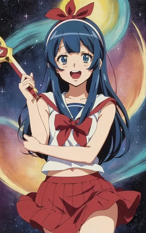 (retro anime 2d art, masterpiece, best quality:1.3), 1girl, blue hair, hairband, long hair, red skirt, laugh, holding wand, stardust night, transform scene, sailor hoodie