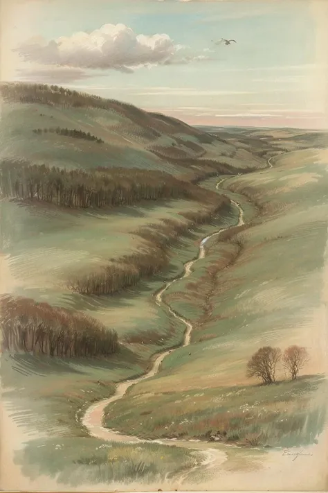 EdgarDegras, <lora:Edgar Degras style:1>, a drawing of a green hill with a stream running through it and a bird flying over it in the sky, forest in the background, pathway
