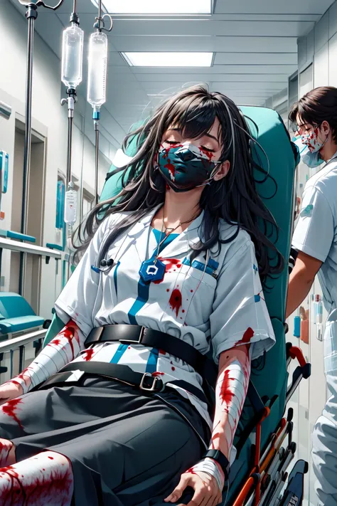 (masterpiece, best quality), intricate details,
1girl, <lora:gijinkaseries_civitai-18:0.8> civitai-chan, braided bangs, labcoat, shirt, shirt tucked in, single vertical stripe, black skirt, pencil skirt, pantyhose, necklace, belt
<lora:e-patient:0.8> emergency transport,(stretcher:1.2),intravenous drip,surgical mask,doctors,running,sleeping,(lying on back:1.1),hospital hallway,(((bloody, blood on dress,torn dress, carrying))),bandages on face,emphasis lines,multiple boys,