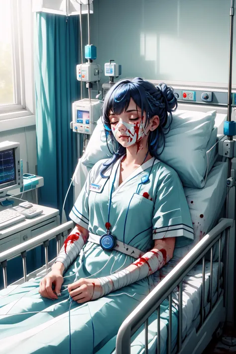 (masterpiece, best quality), intricate details,
1girl, <lora:gijinkaseries_civitai-18:0.8> civitai-chan, braided bangs, blue hair,
<lora:e-patient:0.6>life support machine,lying on hospital bed,lying,sleeping,hair bun,stethoscope,hospital gown,bandages,monitor,thermometer,blanket,cable,on bed,tape measure,computer,(((bloody, blood on gown))),bandages on face,