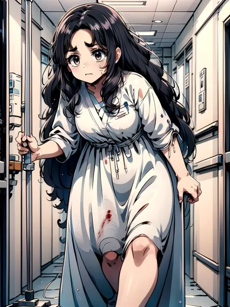 ((top quality, 8k wallpaper)),(masterpiece, best quality),extremely detailed,high definition,(official art:1.3),(((anime screencap,black outline))),<lora:more_details:0.3>, (perfect hands), (perfect fingers), 1girl, BREAK (parted bangs:1.6), <lora:ETO_OC:0.2> ETO-OC, <lora:ETO_OCC006:0.7>, ETO_OCC, (curly hair:1.3), (long hair), black hair, thick eyebrows, pale skin, curvy, (plump), (hazel eyes:1.3), mature female, bdsm BREAK <lora:e-patient:0.75>,holding intravenous drip,leaning forward to intravenous drip,intravenous drip,hospital gown,standing,walking,leaning forward,hospital hallway,(((bloody, blood on gown))),bandages on face,