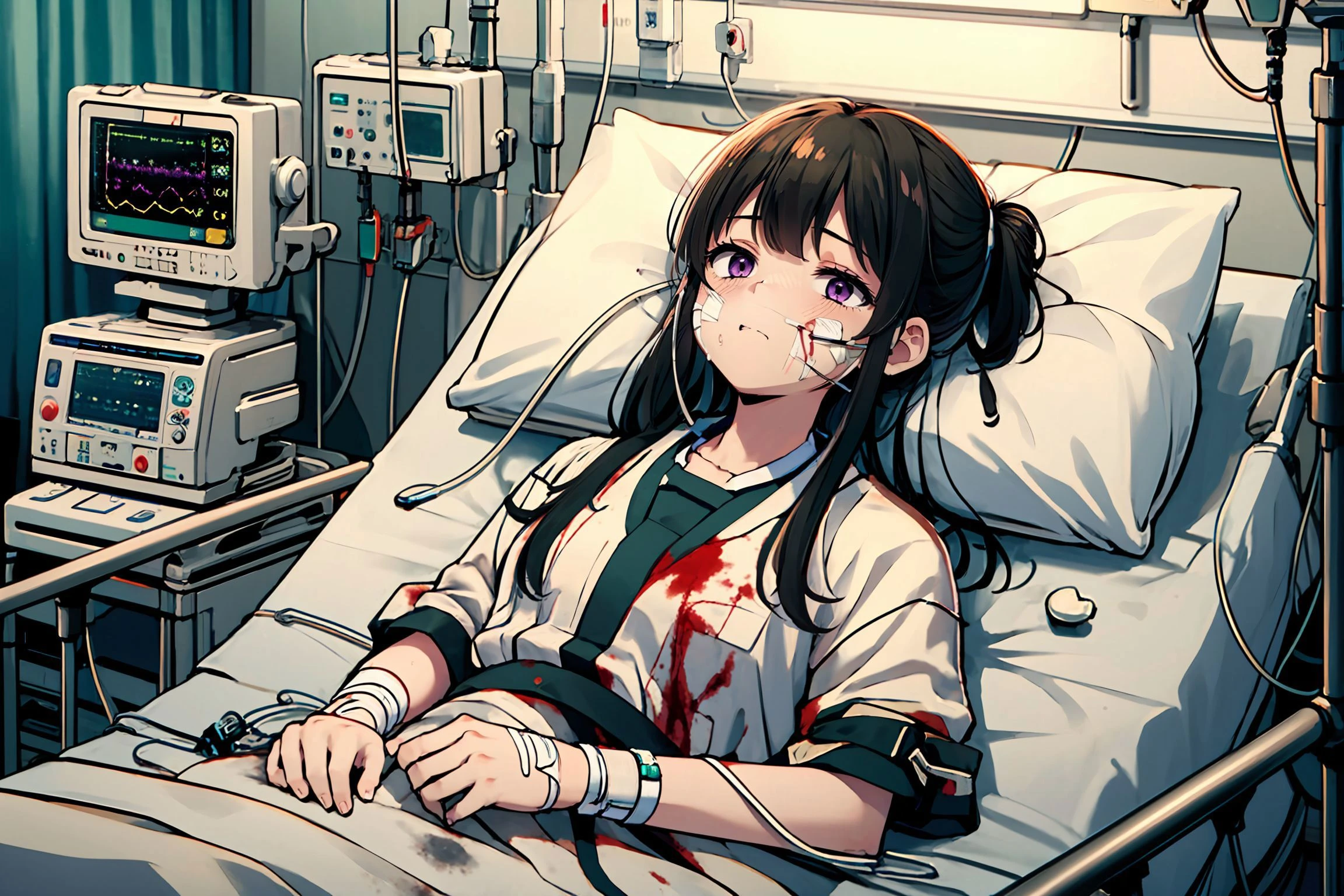 masterpiece,best quality,highly detailed,1girl,clenched teeth,struggling,wince,sweat,sweatdrop,pain,
<lora:takina_inoue_v1:0.7>,takina inoue,purple eyes,black hair,long hair,lycoris,green ribbon,bdsm,
BREAK
<lora:e-patient:0.75>,life support machine,lying on hospital bed,lying,sleeping,hair bun,stethoscope,hospital gown,bandages,monitor,thermometer,blanket,cable,on bed,tape measure,computer,(((bloody, blood on gown))),bandages on face,