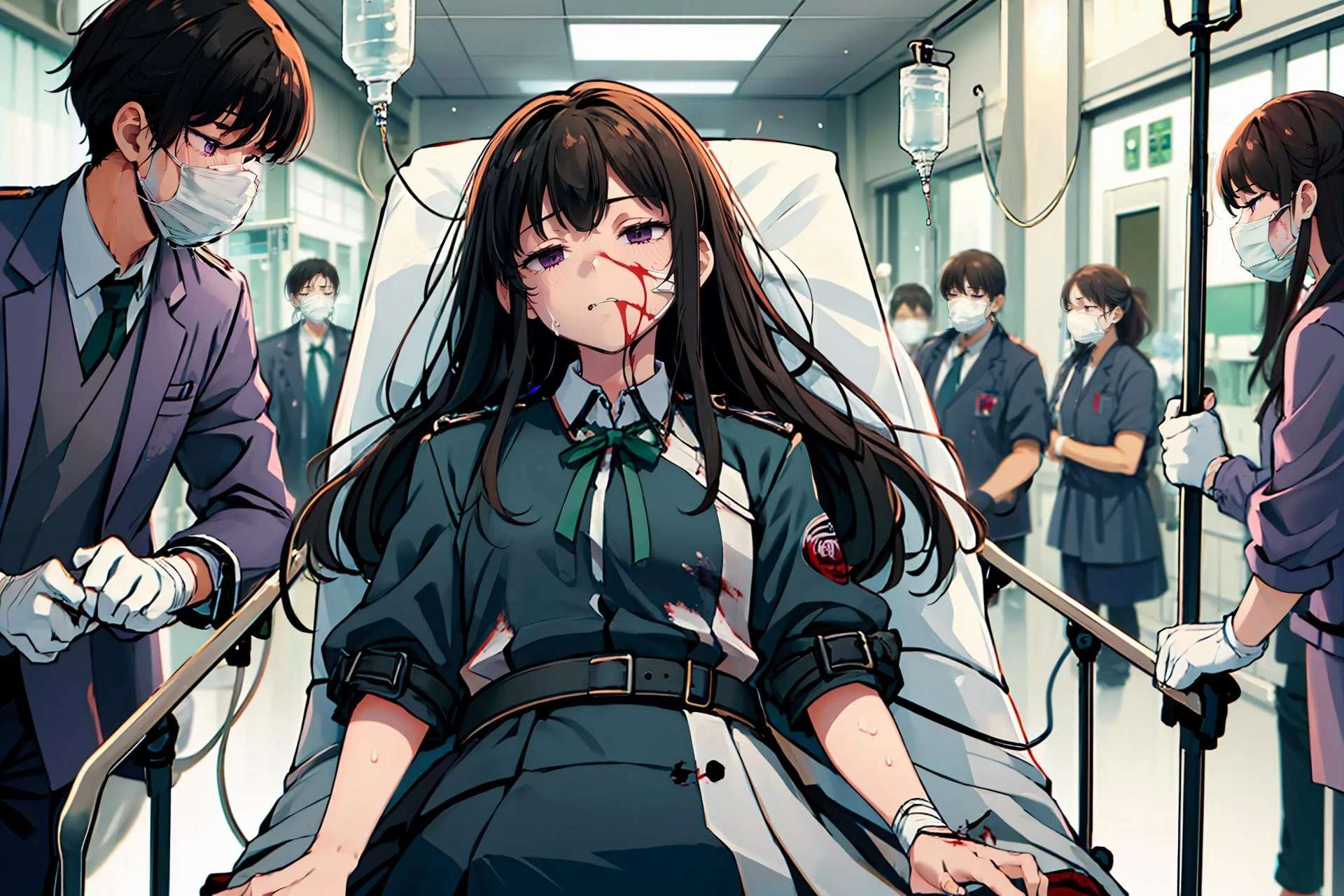 masterpiece,best quality,highly detailed,1girl,solo,clenched teeth,struggling,closed eyes,sweat,sweatdrop,pain,
<lora:takina_inoue_v1:0.7>,takina inoue,purple eyes,black hair,long hair,lycoris uniform,green ribbon,long sleeves,two-tone dress,pleated dress,collared shirt,kneehighs,bdsm,
BREAK
<lora:e-patient:0.75>,emergency transport,stretcher,intravenous drip,surgical mask,doctors,running,sleeping,lying on back,hospital hallway,(((bloody, blood on dress,torn dress, carrying))),bandages on face,emphasis lines,multiple boys,