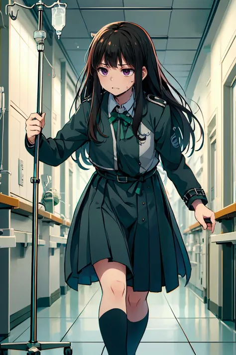 masterpiece,best quality,highly detailed,1girl,solo,clenched teeth,struggling,wince,sweat,sweatdrop,pain,
<lora:takina_inoue_v1:0.7>,takina inoue,purple eyes,black hair,long hair,lycoris uniform,green ribbon,long sleeves,two-tone dress,pleated dress,collared shirt,kneehighs,bdsm,
BREAK
<lora:e-patient:0.75>,holding intravenous drip,leaning forward to intravenous drip,intravenous drip,hospital gown,standing,walking,leaning forward,hospital hallway,(((bloody, blood on gown))),bandages on face,