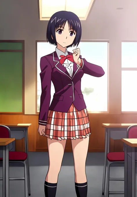 <lora:yuuki_karin:0.8>, (masterpiece, best quality,perfect lighting), yuuki_karin, 1girl, solo, dynamic pose, school uniform, plaid skirt,