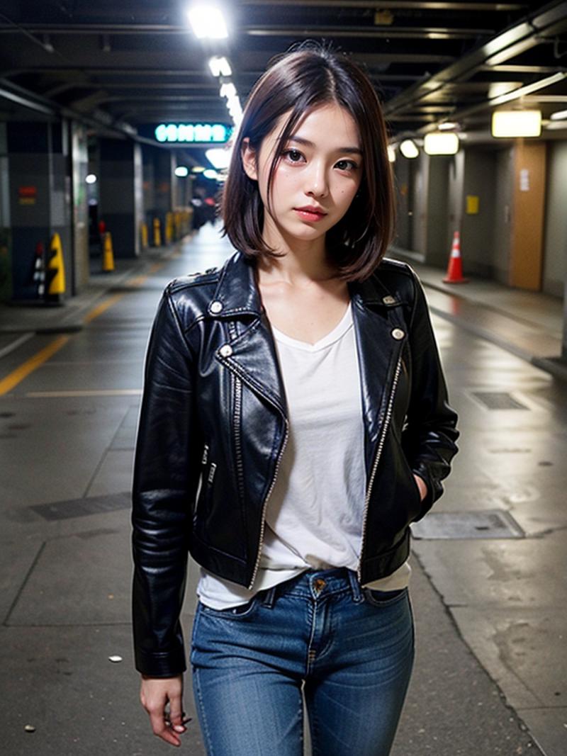 Araffe woman in a black leather jacket and jeans standing in a parking ...