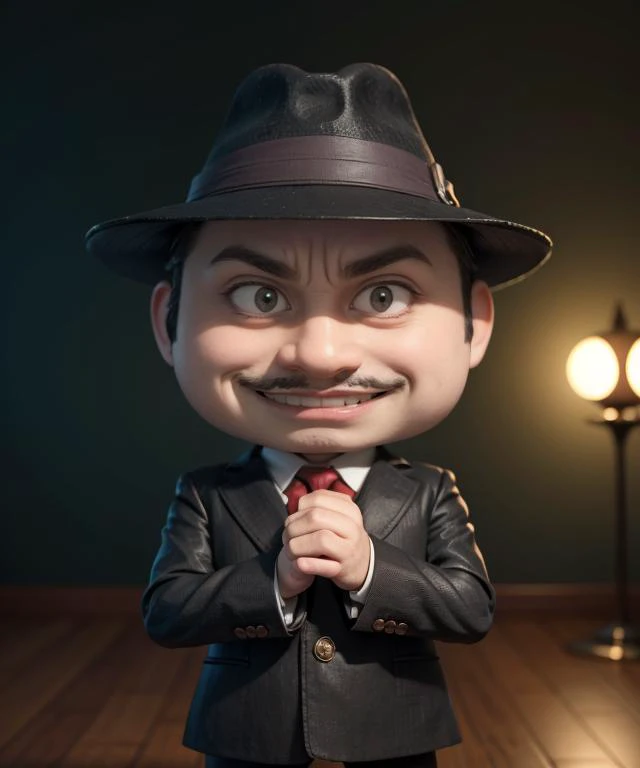 (masterpiece:1.2), best_quality, ultra_detailed, (borisbadenov:1.5), (1boy:1.5), male focus, (short_male:1.5), (chibi:1.5), (pale_skin:1.5), evil_grin, black hair, big_nose, (tiny_mustache:1.2), (pointy_mustache:1.5), stocky, (fedora:1.2), hat, necktie, suit, (turned-up_collar:1.2), (evil_smile:1.5), (smug:1.5), (own_hands_together:1.2), (dramatic_lighting:1.2), cowboy_shot, <lora:BorisBadenovV1:1>