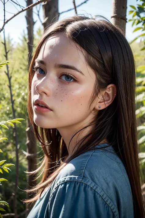 portrait of beautiful women, looking over spruce forest, moody portrait, striking features, beauty, intricate details, dramatic composition, tension, wispy hair, blue eyes, contrast, texture, realism, high-quality rendering, stunning art, high quality, film grain, Fujifilm XT3, acne, detailed skin, freckled