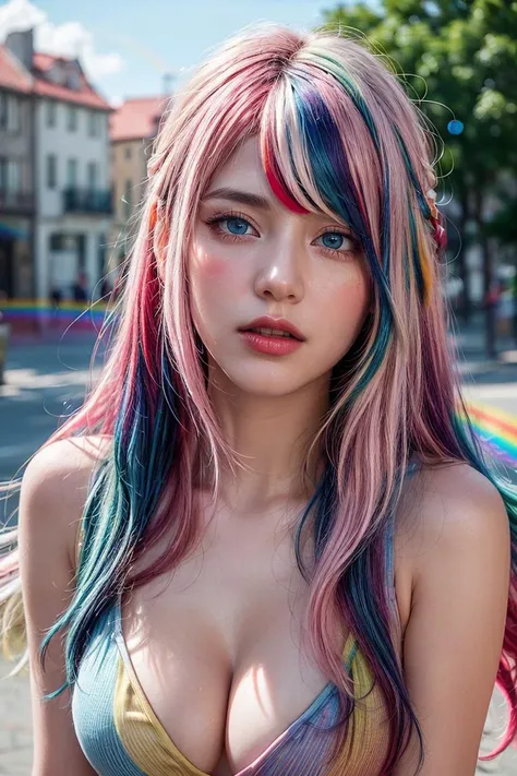 <lora:detailer:1> ,park,dressed, cleavage,flirting on camera,(photo realistic:1.4), (hyper realistic:1.4), (realistic:1.3),(smoother lighting:1.05), (increase cinematic lighting quality:0.9), 1girl, 18yo girl, (long pink hair, (multicolored) blue red yellow rainbow hair:1.6),realistic lighting, backlighting, light on face, sun shining, shiny skin, sun flare,(blue eyes:1.4),(brightening light:1.2), (Increase quality:1.4),(best quality real texture skin:1.4), finely detailed eyes, finely detailed face,(tired and sleepy and joy), face closeup, t-shirts,(Increase body line mood:1.2), (Increase skin texture beauty:1.2)