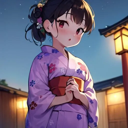 (masterpiece:1.5), illustration, 4k, 8k, (high quality:1.1), highly detailed, detailed face, HDR, vivid colors, natural lighting, 1girl, blush, black hair, (hair updo, single short ponytail), (wearing ((cute yukata))), <lora:mobfaceCuteChibiLORA_v10:0.8>, mobface, :o, (standing in a rural japanese village), (night), stars in sky