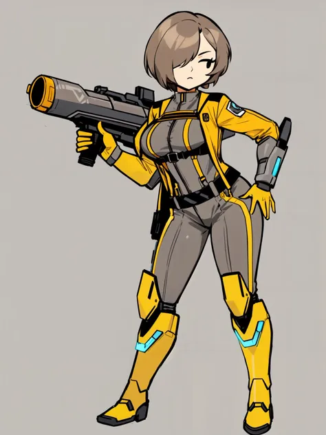 (black eyes:1.2), frown:1.2, angry:1.2, (lineart, flat colors), solo, (full body of  a mature female), (mature female:1.3), standing, leaning forward:1.2, (grey scifi body suit, grey pilot suit), (Yellow formal jacket:1.4), belt, (sci fi armor yellow boots:1.2), (Yellow gloves:1.2), (sci fi armor:1.2), (black eyes:1.2), frown, breasts, curvy, half-closed eyes, looking at viewer, (short light grey brown hair:1.2, hair over one eye:1.2), (arm cannon:1.3), solo, <lora:mobfacev1.1:1.3>