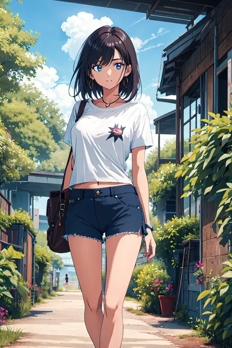 anime girl in short shorts and a white shirt walking down a street