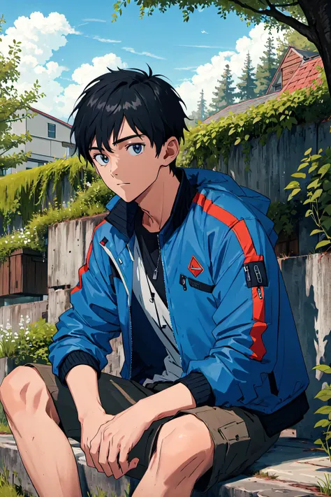 anime boy sitting on a ledge in a garden with a blue jacket