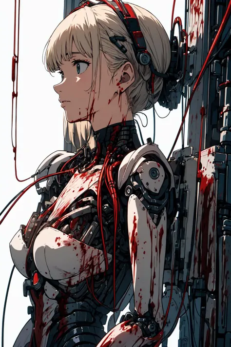 (masterpiece, top quality, best quality, official art, beautiful and aesthetic:1.2), (1girl:1.3), extreme detailed,colorful,highest detailed ((ultra-detailed)), (highly detailed CG illustration), ((an extremely delicate and beautiful)),(from side),cinematic light,((1mechanical girl)),solo,full body,(machine made joints:1.2),((machanical limbs)),(blood vessels connected to tubes),(mechanical vertebra attaching to back),((mechanical cervial attaching to neck)),(sitting),expressionless,(wires and cables attaching to neck:1.2),(wires and cables on head:1.2)(character focus),science fiction,white background,(blood:1.5)