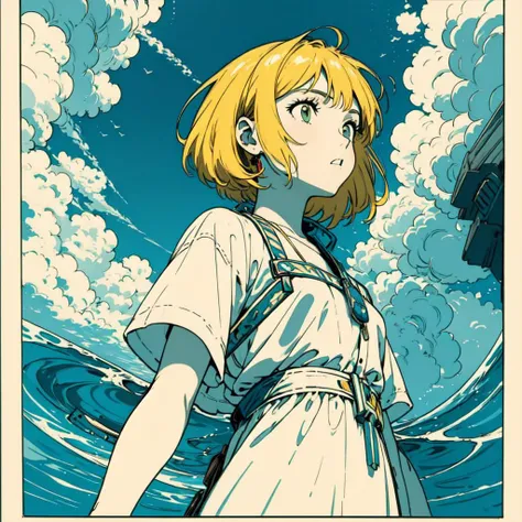 masterpiece,best quality,1lady,solo,
simple white dress,(yellow hair),veryshort hair,(face focus),
sunset,sea,sky,dynamic pose,
from below,(((flat color:1.2))),