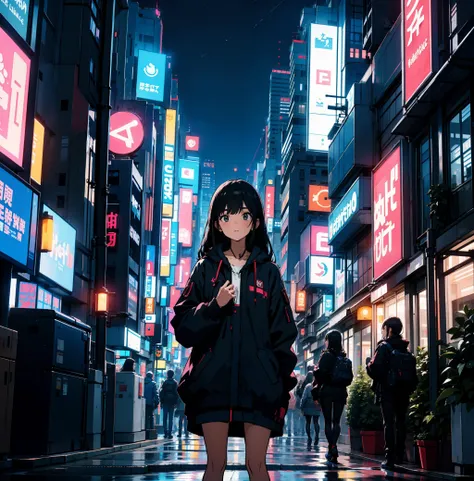 girl, cute clothes, city, cyberpunk,night
