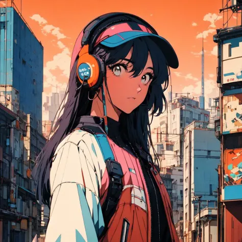 masterpiece, best quality,1 cyber punk girl,(retro anime style),city,face close up,(flat color:1.6),(retro artstyle),(flat eyes:1.3),