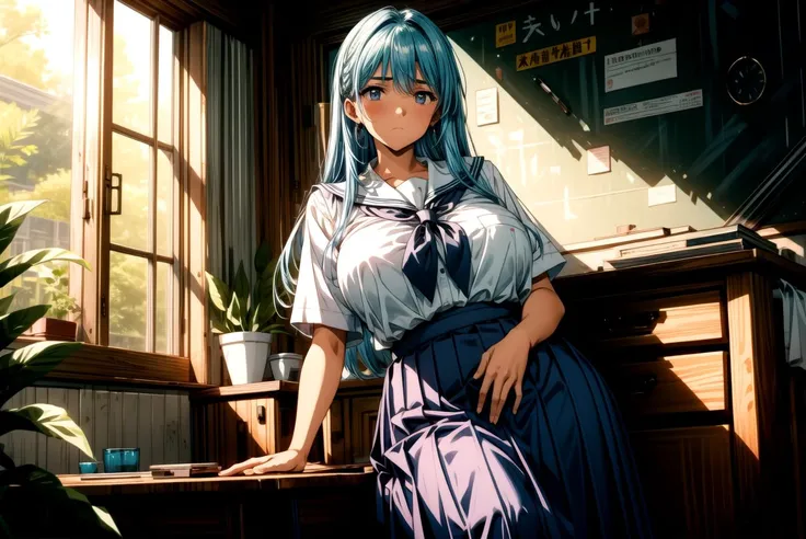 <lora:flat2:-1>, best quality, masterpiece, a mature woman, (schoolgirl uniform), (emotionless face), soxe blue hair, oily tan skin, huge long wide breasts, spread legs, crotch, sit, thick, curvy, chubby tummy, bbw, (longskirt),