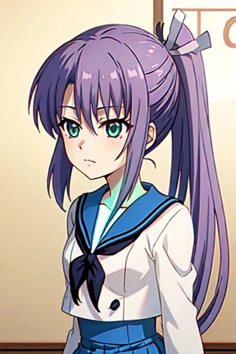 1girl, tsukisaka sayu\(re:stage\), green eyes, side ponytail, long hair, purple hair, sailor collar, blue skirt, close up,<lora:Re Stage! - tsukisaka sayu 2k V1:1:MIDD>