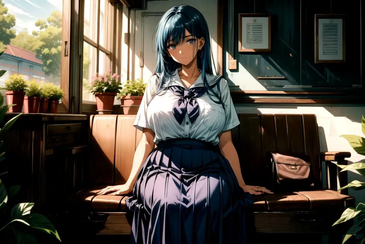 <lora:flat2:-1>, best quality, masterpiece, a mature woman, (schoolgirl uniform), (emotionless face), blue hair, oily tan skin, huge long wide breasts, spread legs, crotch, sit, thick, curvy, chubby tummy, bbw, (longskirt),