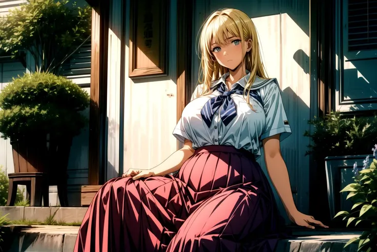 <lora:flat2:-1>, best quality, masterpiece, a mature woman, (schoolgirl uniform), (emotionless face), yellow hair, oily tan skin, huge long wide breasts, spread legs, crotch, sit, thick, curvy, chubby tummy, bbw, (longskirt),