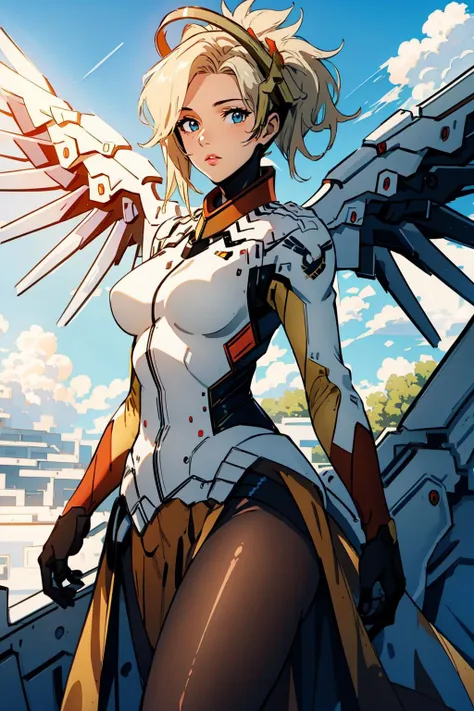 (masterpiece, best quality),  intricate details,
1girl,    <lora:mercy:0.8> 1girl, solo, mercy (overwatch), mechanical halo, breasts, blue eyes, blonde hair, pantyhose, mechanical wings, wings, halo,  holding, bodysuit, cowboy shot,  yellow wings, brown pantyhose, lips, gloves, pelvic curtain, black gloves,