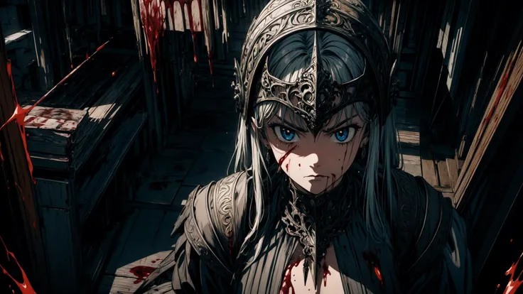 masterpiece,best quality,official art,extreme detailed,colorful,highest detailed,(girl),(intricate detaild broken gothic armer),(fullface helm),from top,(((dying))),angly,dynamic pose,(blood:1.2),kneeling,sparks,from above,dark theme, <lora:LowRa:0.4><lora:flat2:-1>