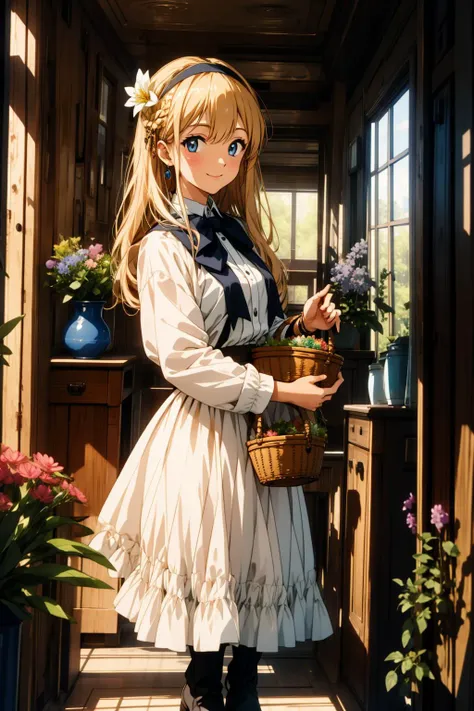 masterpiece,best quality,highres,cinematic lighting,dramatic angle,1girl,<lora:CygamesJeanneV6:0.75>,hair ornament,hair ornaments,hairband,hair flower,costume2,blonde hair,blue eyes,portrait,village girl,holding basket of flowers,long pink skirt,frills,white topwear,boots,black pantyhose,yellow bowtie,hairband,<lora:add_detail:0.25> ,smile looking at viewer