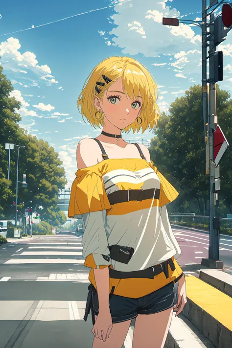 (best quality, masterpiece),close-up, photo, 1girl, (solo), white hair, short hair, off-the-shoulder cropped orange camisole, shorts, panty peek, earrings, earrings, yellow hair clips, street, overpass, stairs, traffic lights, signs, cars, Zebra crossing, blue sky, white clouds