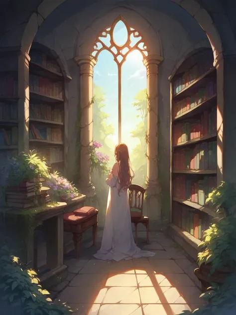 score_9, score_8_up, score_7_up, score_6_up, 1girl, long hair,  <lora:d3c4yXLP:0.4> d3c4y, overgrown, sunlight, indoors, bookshelf, cowboy shot, ruins, flower, chair