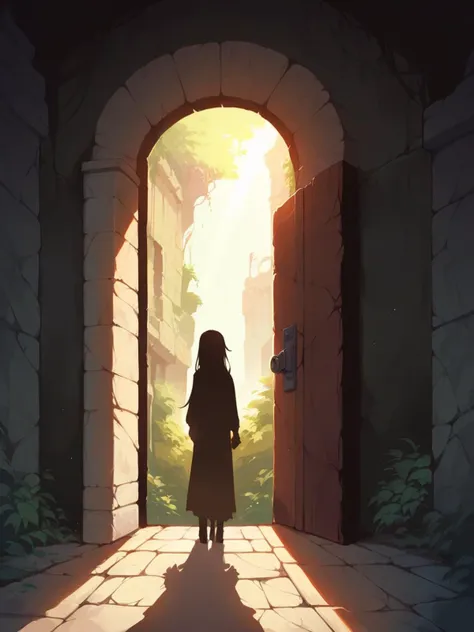 score_9, score_8_up, score_7_up, score_6_up, 1girl, long hair,  <lora:d3c4yXLP:0.4> d3c4y, overgrown, sunlight, indoors, ruins, door, silhouette,