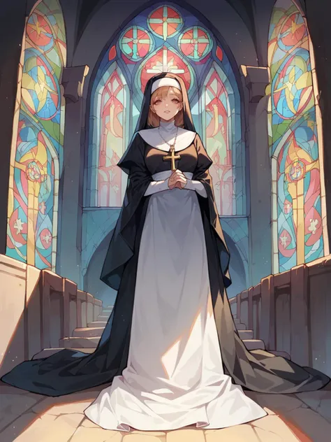 score_9, score_8_up, score_7_up, score_6_up, 1girl, nun, looking at viewer,   <lora:churchXLP:0.6> stained glass, church, arch,