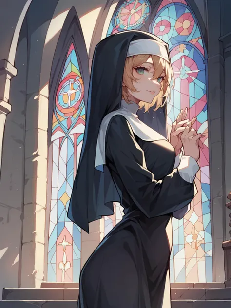 score_9, score_8_up, score_7_up, score_6_up, 1girl, nun, looking at viewer,   <lora:churchXLP:0.6> stained glass, church, arch, window