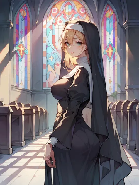 score_9, score_8_up, score_7_up, score_6_up, 1girl, nun, looking at viewer,   <lora:churchXLP:0.6> stained glass, church, indoors, arch,