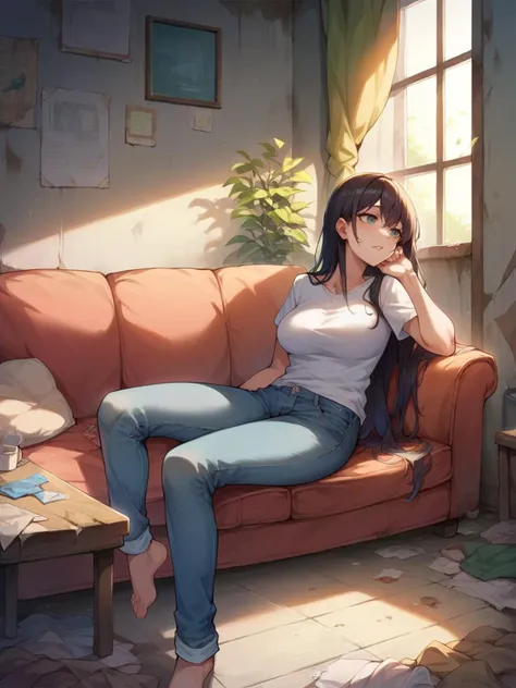 score_9, score_8_up, score_7_up, score_6_up, 1girl, long hair,  <lora:d3c4yXLP:0.4> d3c4y, jeans, t-shirt, abandoned, indoors, curvy, couch,