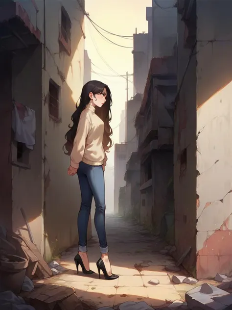 score_9, score_8_up, score_7_up, score_6_up, 1girl, long hair,  <lora:d3c4yXLP:0.4> d3c4y, high heels, jeans, sweater, abandoned,