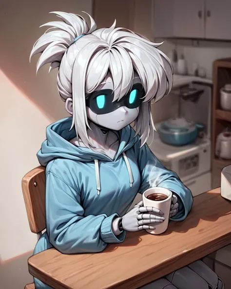score_9, score_8_up, score_7_up, score_6_up, sfw, source_anime, 1girl, robot, white hair, messy ponytail, grey skin, segmented body/limbs/fingers/joints, oversized hoodie, black visor covering eyes, mob face, glowing 8-bit eyes, sitting on chair, looking at viewer, holding a cup of coffee, <lora:50sk1tXLP:0.5> 50sk1t, retro kitchen,