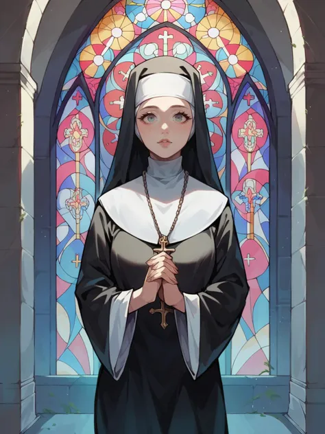 score_9, score_8_up, score_7_up, score_6_up, 1girl, nun, looking at viewer,   <lora:churchXLP:0.6> stained glass, church, arch,