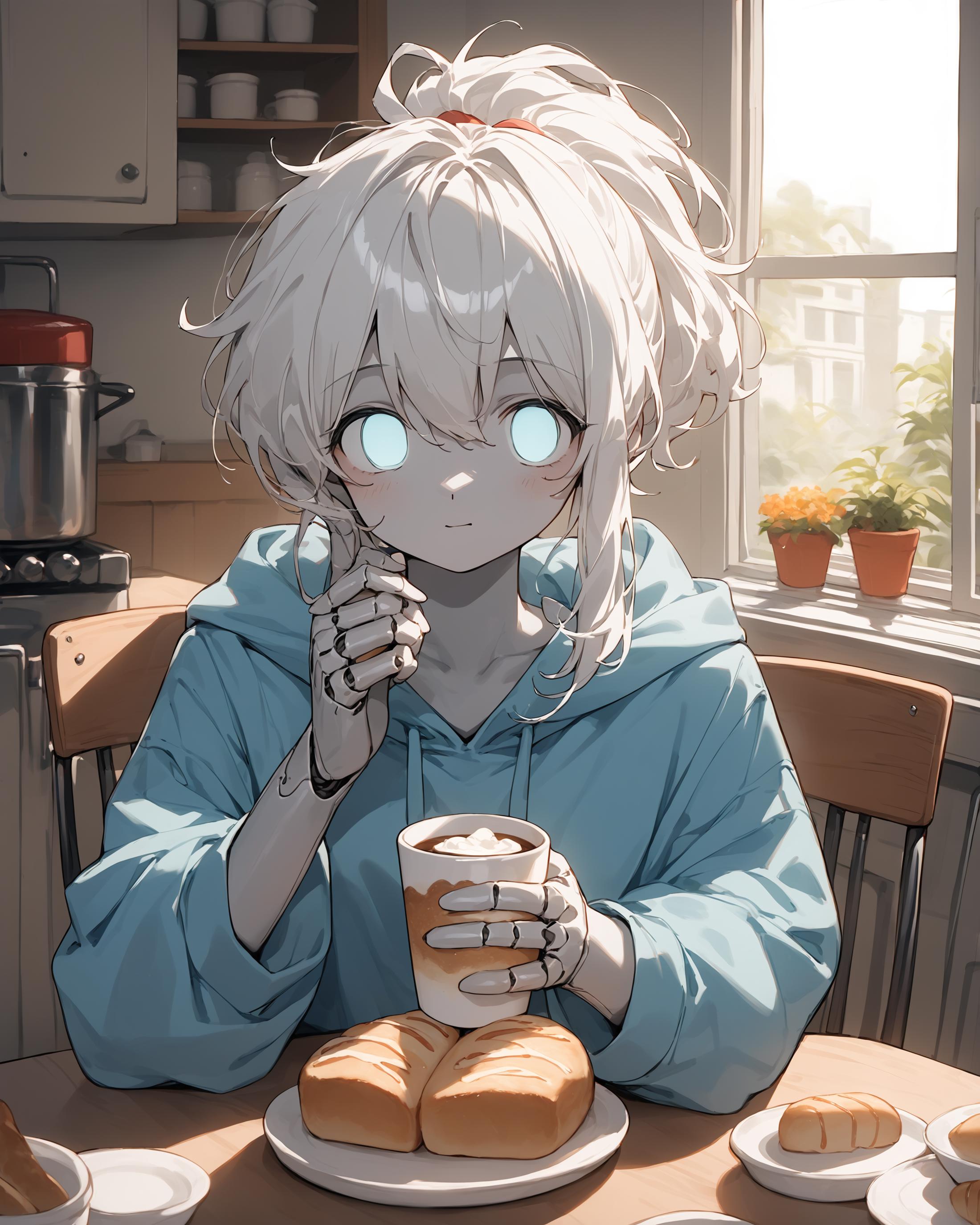 Anime girl with a cup of coffee and a plate of food - SeaArt AI