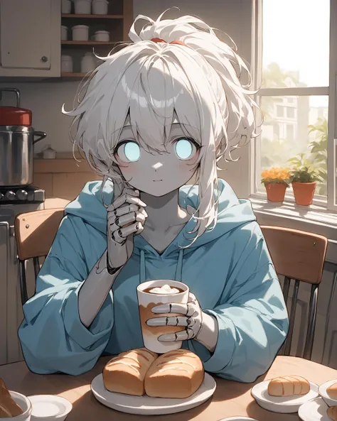 score_9, score_8_up, score_7_up, score_6_up, sfw, source_anime, 1girl, robot, white hair, messy ponytail, grey skin, segmented body/limbs/fingers/joints, oversized hoodie, (black visor) covering eyes, mob face, glowing 8-bit eyes, sitting on chair, looking at viewer, holding a cup of coffee, bread/pastries on table, <lora:50sk1tXLP:0.5> 50sk1t, retro kitchen,